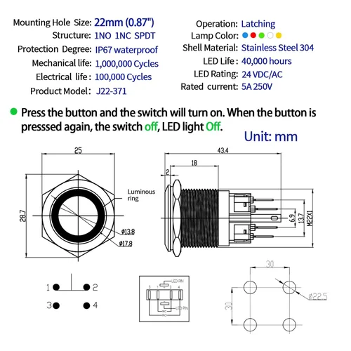 Vista 2 de Interruptor de botón con pestillo de 0.866 in 7/8 pulgadas, 24 V CC/CA SPDT de encendido y apagado, impermeable, IP67, acero inoxidable 304 con Azul