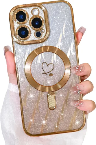 Vista 23 de Bonoma Funda con Purpurina Magnética para iPhone 16 Pro Max [Compatible con MagSafe], Funda Transparente Brillante de Lujo con Patrón de Corazones