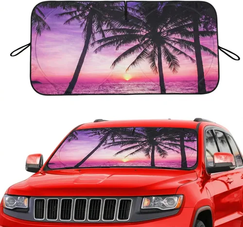 Vista 14 de Parasol para parabrisas de automóvil, ojos divertidos de automóvil, visera solar resistente al desgaste con cinta negra, plegable 63.7" L x 32" W