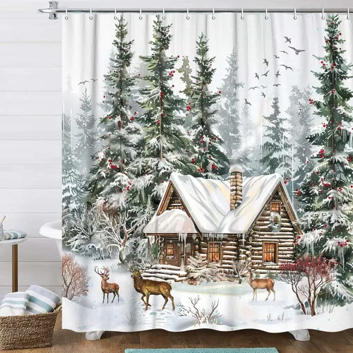 Vista 11 de Merry Christmas Tree Ornaments Waterproof Shower Curtain Set with Hooks Navidad