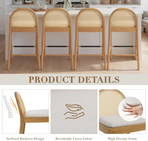 Vista 5 de HEAH-YO Rattan Counter Stools Set of 2, 26 Inches Counter Height Bar Stools with Backrests and Wood Legs, Uphlostered Linen Fabric Counter Height
