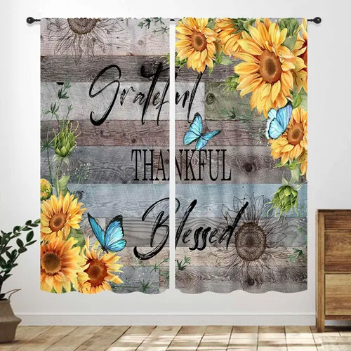 Vista 19 de Cortinas rústicas de cocina de girasol, tablón de madera de campo de campo amarillo, floral, abeja, libélula mariposa, retro, casa rural, Girasol-11