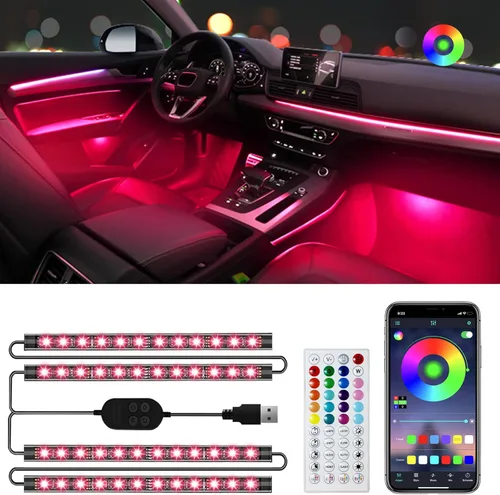 Vista 8 de Hovano luces interiores de auto LED, control de aplicación con cargador de auto, cambio de color RGB con sincronización de música y modo DIY, diseño