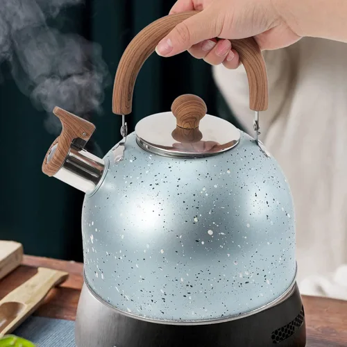Vista 2 de Hemoton Hervidor de té de acero inoxidable con silbido, hervidor de agua, hervidor de café con mango ergonómico para hervir agua, 2 L, color azul