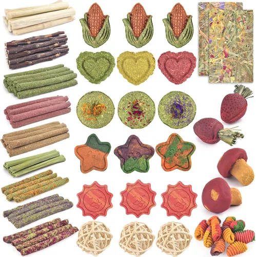 ERKOON 106 PIEZAS Juguetes Masticables de Conejo para Dientes de Conejos, Juguetes Naturales para Conejos Palitos de Madera de Manzano, Zanahoria