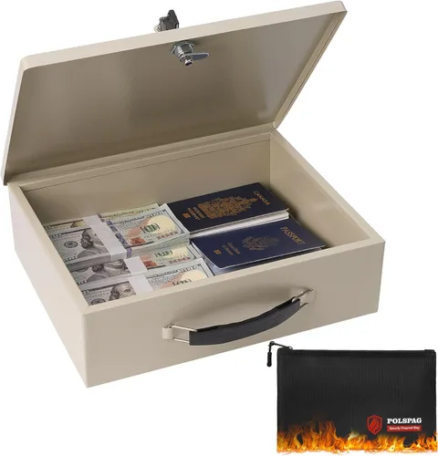 Caja de documentos ignífuga con cerradura de llave y bolsa de dinero ignífuga, caja de almacenamiento segura para objetos de valor, cerradura de