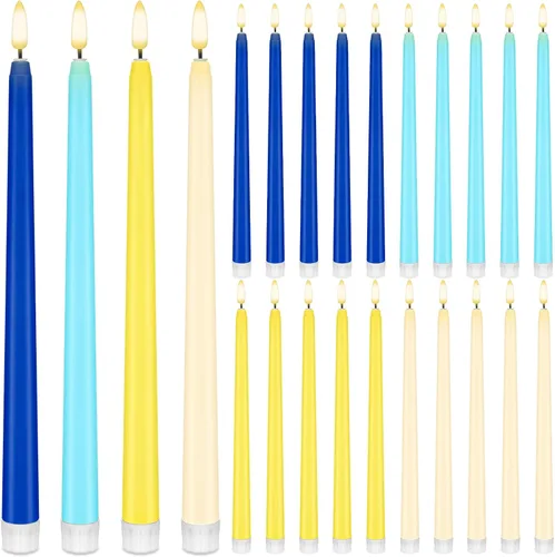 Vista 10 de Baquler 24 velas cónicas sin llama de 11 pulgadas, color rosa y verde, funciona con pilas, velas LED coloridas y parpadeantes de plástico dorado