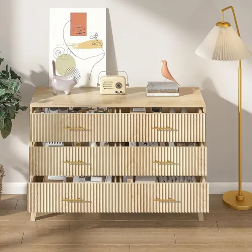 Vista 5 de Fiogmub Cómoda Accent de 6 cajones, cómoda moderna con panel estriado, sala de estar, dormitorio, cuarto de bebé, entrada y pasillo (roble)