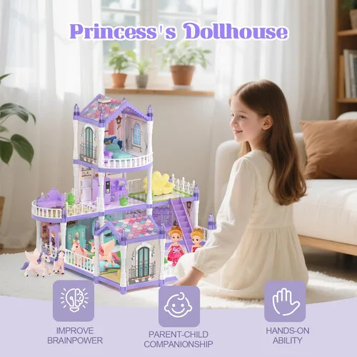 Vista 2 de Juego de casa de muñecas púrpura con 2 muñecas, casa de muñecas de ensueño con 9 habitaciones, 3 pisos, 2 mascotas, muebles de 12 piezas