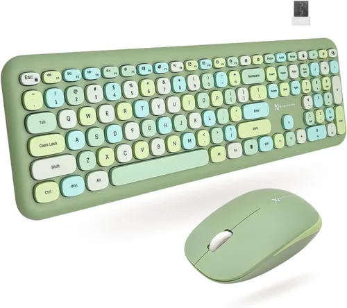 Vista 13 de X9 - Lindo teclado y mouse inalámbricos, teclado y mouse coloridos de 2.4 G con máquina de escribir multicolor retro, teclas para teclado de Negro