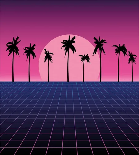 Vista 4 de Ambesonne Synthwave Duvet Cover Sets, Retro Grid Floor with Palm Silhouettes and 80s Vapor Vibes Design, Bedding Set with 2 Duvet Covers & 4