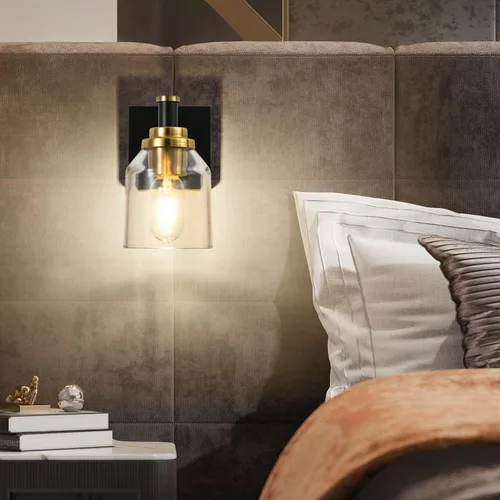 Vista 6 de SOLFART Lámpara de baño vintage de 1 luz sobre espejo para pared de baño, luz negra y latón, lámpara de tocador