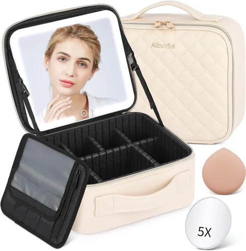 Bolsa de maquillaje de viaje con espejo LED, estuche de maquillaje con espejo iluminado, bolsa organizadora de cosméticos con divisores ajustables y