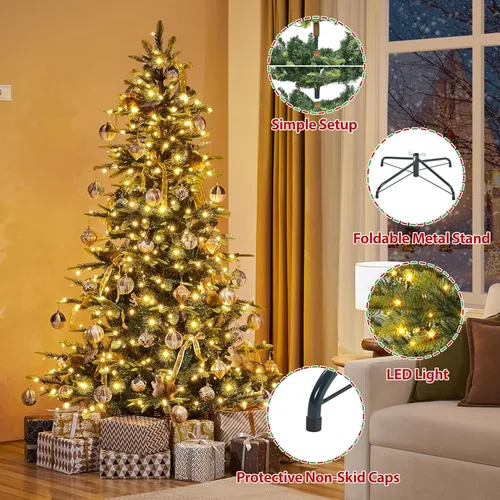 Vista 5 de Yaheetech - Árbol artificial de Navidad de abedul artificial preiluminado de 6 pies con 400 luces LED blancas cálidas, árbol de Navidad