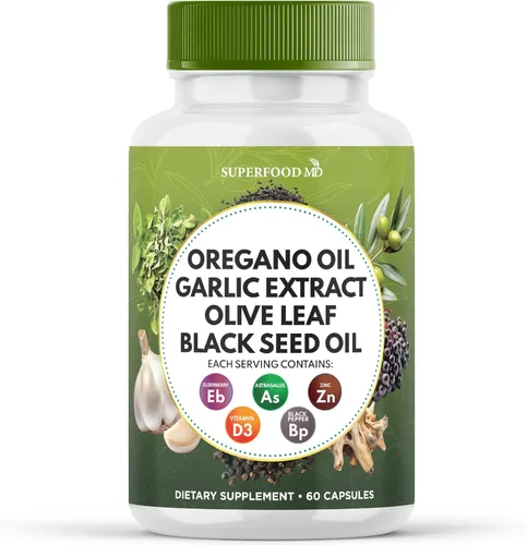 Superfood MD Aceite de orégano Extracto de ajo, hoja de olivo, aceite de semilla negra, astrágalo, para mujeres y hombres, 60 unidades