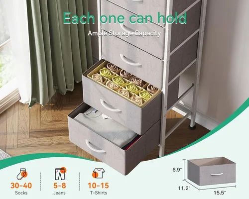 Vista 6 de AODK Cómoda para dormitorio con 5 cajones de almacenamiento, cómoda pequeña de 40 pulgadas, cómoda de tela con marco de acero resistente, color gris