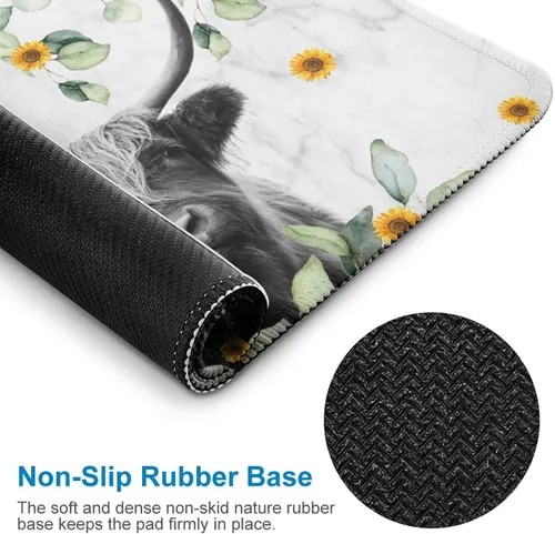 Vista 3 de Highland Cow - Divertida alfombrilla para mouse con base de goma antideslizante, animal rústico de granja con girasol de eucalipto en mármol gris