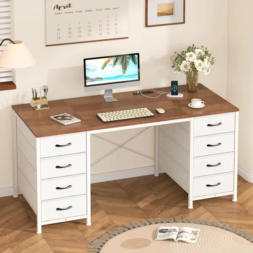 Vista 10 de Escritorio para computadora de 50 pulgadas con 8 cajones, escritorio para oficina en casa con tomas de corriente, escritorio de trabajo, estudio