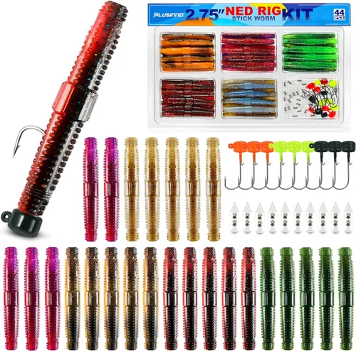Vista 10 de PLUSINNO - Kit de señuelos de pesca Wacky Worm, señuelos de pesca de plástico suave, cebos de lombrices para anzuelo, aparejo loco para pesca
