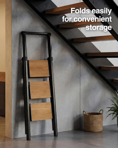 Vista 7 de Escalera de 3 escalones, taburete plegable con pedal ancho de aluminio y cómodo agarre, escalera de acero de capacidad de 330 libras para el hogar