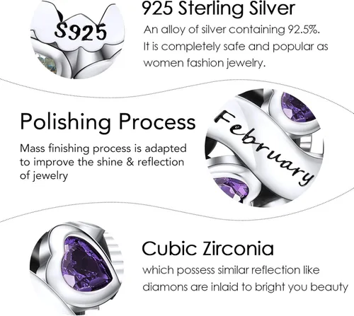 Vista 6 de Abalorio de plata de ley 925 con piedra natal de Ningan, abalorio de corazón para pulseras y collares, regalo de cumpleaños para mujeres y niñas