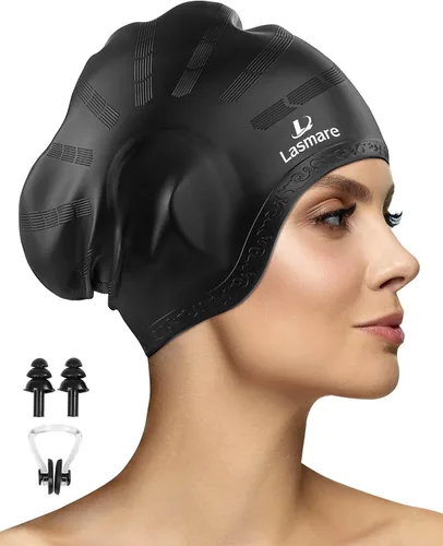 Long Hair Swim Cap for Women Men with 3D Ear Protection, Silicone Swimming Cap for Long/Short Hair to Keep Hair Dry, Waterproof Adult Swim Hats