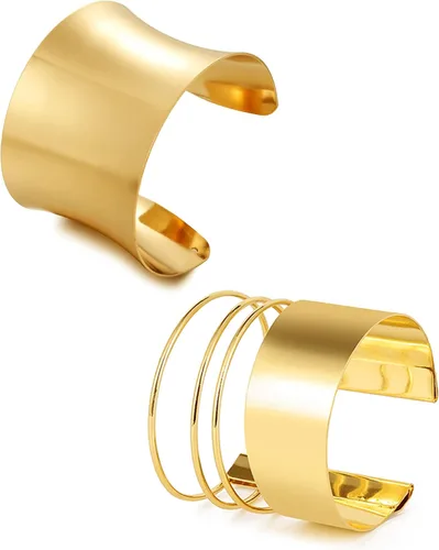 Vista 8 de BOMAIL Juego de 2 pulseras de brazalete para mujer, pulseras de alambre ancho abierto, pulsera dorada ajustable Adjustable Wrist Cuff, 14K Gold