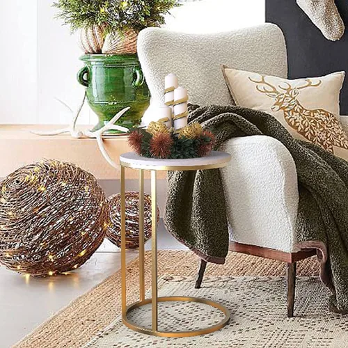 Vista 2 de Mesa auxiliar redonda con forma de C de mármol dorado para aperitivos debajo del sofá, café, laptop, sala de estar, dormitorio, espacio pequeño, 16