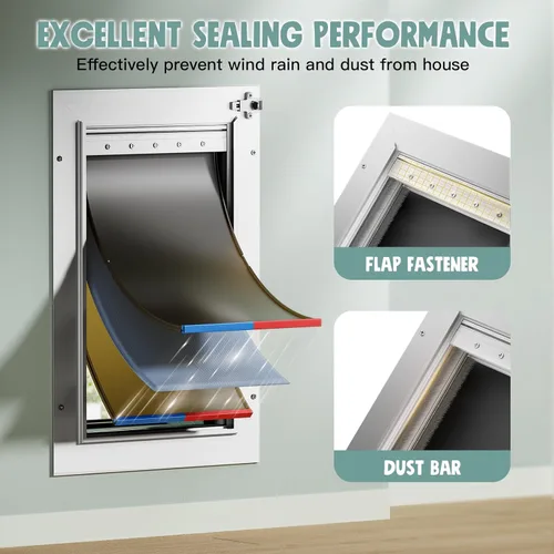 Vista 2 de Puerta de perro de 3 solapas para pared, puerta grande de aleación de aluminio, puerta para mascotas de montaje en pared para perros con 2