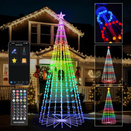 Luces inteligentes para árbol de Navidad de 9 pies con adornos de bola, aplicación y control remoto, 316 luces LED de cono RGB que cambian de color,