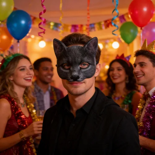 Vista 4 de 1 máscara de gato de media cara de Halloween para Halloween, Navidad, Pascua, accesorio de fiesta de disfraces (estilo A)