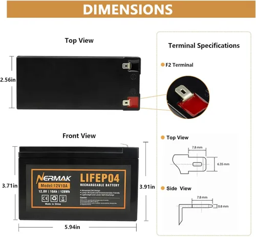 Vista 10 de NERMAK Batería de litio LiFePO4 de 12 V y 10 Ah de ciclo profundo, batería recargable de más de 2000 ciclos para energía solar/eólica, iluminación