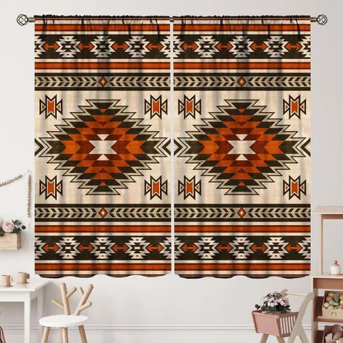 Vista 21 de Cortinas con patrón geométrico tribal, estilo suroeste, azteca, rústico, occidental, nativo americano, opacas, con bolsillo para barra, decoración