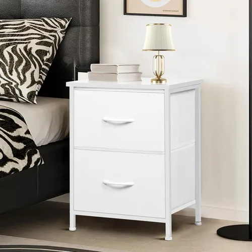 LOFTEY Mesita de noche blanca, mesita de noche con 2 cajones de tela, mesita de noche para niños pequeños para dormitorio, mesa auxiliar de cama con