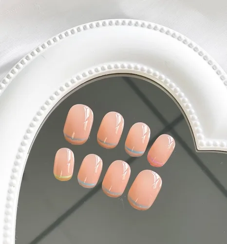 Vista 24 de Uñas postizas cuadradas cortas a presión, uñas postizas azules de cobertura completa con diseños de remolinos, uñas acrílicas brillantes de línea