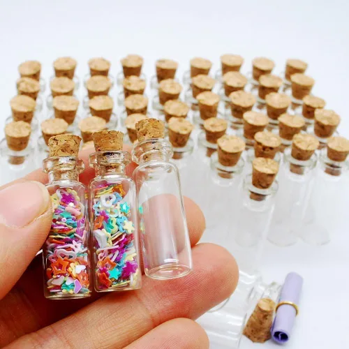 Vista 6 de Botellas/tarros pequeños de vidrio transparente de 0.0 fl oz con tapones de corchos para artes y manualidades, proyectos, decoración, recuerdos