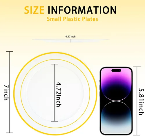 Vista 4 de I00000 60 platos de postre dorados transparentes, platos de plástico transparente con borde dorado de 7 pulgadas, platos desechables de boda