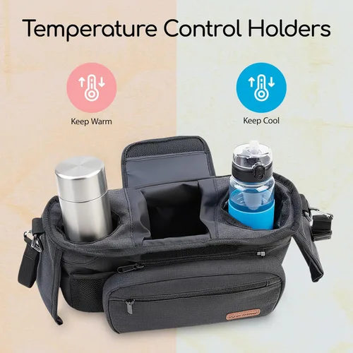 Vista 6 de Bolsa organizadora universal para cochecito con 2 portavasos aislados, bolsa de teléfono desmontable duradera y correa para el hombro, se adapta a