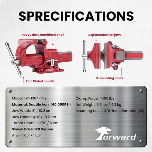 Vista 7 de Forward 1304 - Tornillo de banco de 4 pulgadas de hierro dúctil para el hogar, tornillo de banco de 4" para el propietario de la casa con yunque