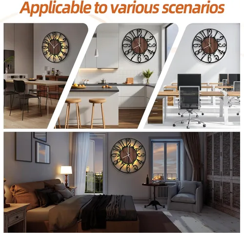 Vista 6 de LEIKE Relojes de pared grandes con luz nocturna operados con batería, silenciosos, sin tictac, modernos y rústicos, reloj de madera grande para sala