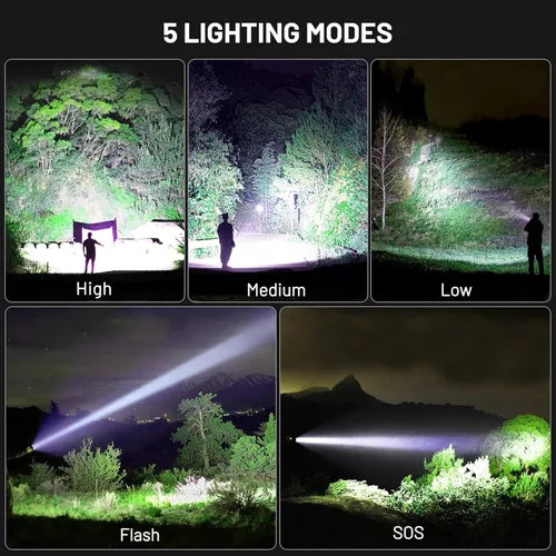 Vista 6 de Linternas LED recargables de alto lúmenes, 990.000 lúmenes, linterna de mano más brillante, 5 modos, potente luz de flash multifuncional, linterna