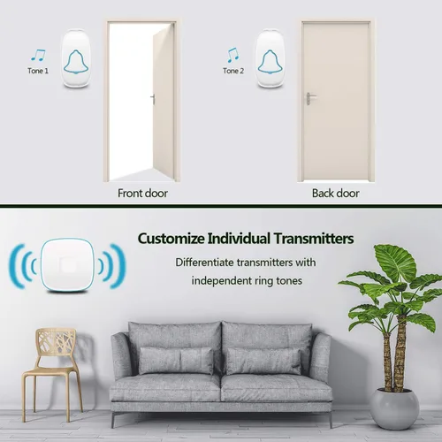 Vista 5 de BO YING - Timbre inalámbrico, timbre de puerta impermeable con 38 melodías y flash LED, rango de 1000 pies, volumen de 4 niveles, 2 botones remotos