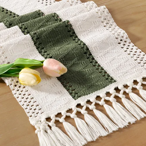 Vista 17 de Socomi Camino de mesa bohemio para Pascua, primavera, granja, rústico, comedor, cocina, centro de mesa, decoración pequeña de macramé, algodón