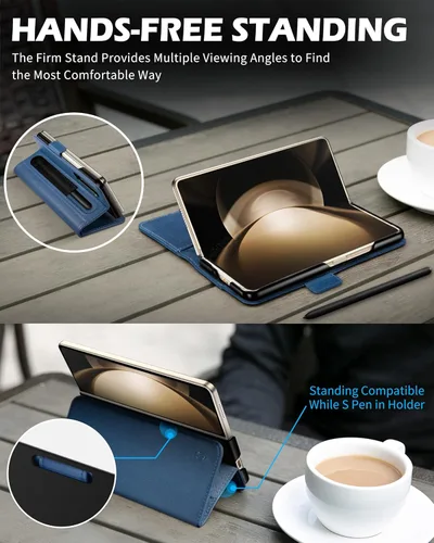 Vista 6 de SHIELDON Funda para Galaxy Z Fold 5, piel auténtica Z Fold 5, función atril magnético con bloqueo RFID, soporte para tarjetas de crédito con soporte
