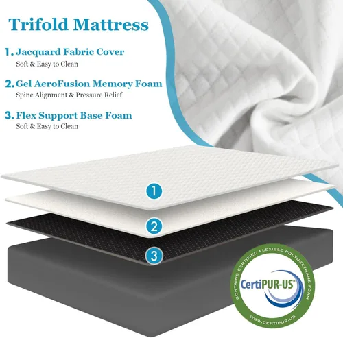 Vista 2 de Colchón plegable, cubrecolchón de espuma viscoelástica de triple pliegue de 4 pulgadas para campamento, cama de invitados plegable, tapete de viaje