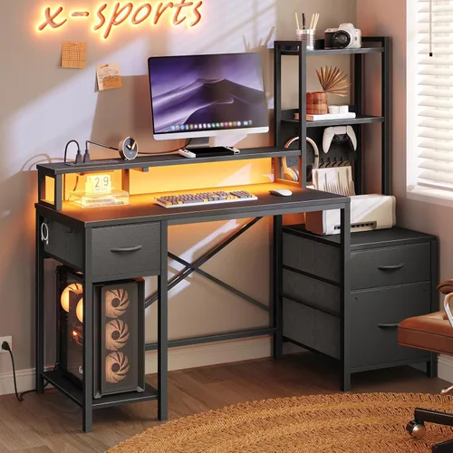 Vista 2 de RALGEND Escritorio para juegos de 55 pulgadas con toma de corriente y luz LED, escritorio para computadora con cajones de tela, estantes