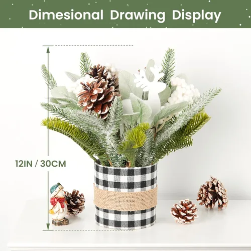 Vista 3 de Árbol de Navidad pequeño de mesa con luces, mini decoración de árbol de Navidad con renos, conos de pino, bayas, hojas de cordero y adornos