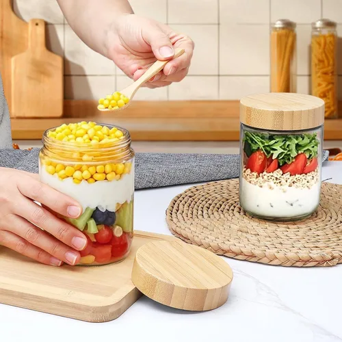 Vista 6 de Encheng Tarros de vidrio de 16 onzas con tapas, recipientes de avena nocturna con tapas de bambú, frascos Mason de vidrio de boca ancha, recipientes