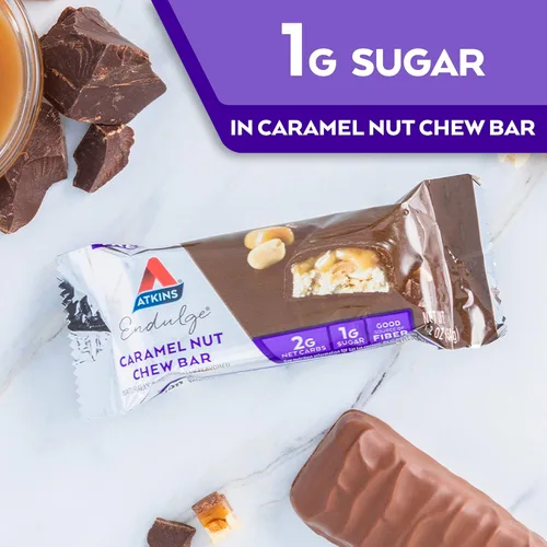 Vista 4 de Atkins Endulge - Barra masticable de nueces y caramelo, favorita de postres, 0.04 oz de azúcar y chocolate con leche, batido de proteínas, 0.55 oz