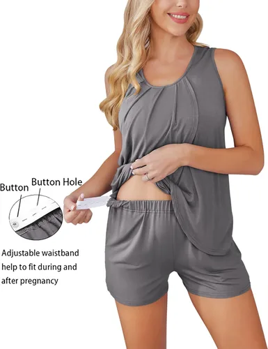 Vista 3 de Ekouaer Conjunto de pijama de lactancia para mujer, ropa de dormir de doble capa, sin mangas, top y pantalones cortos, pijamas de embarazo